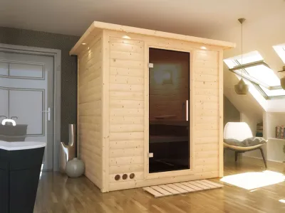 Massivholzsauna Mojave mit Dachkranz, graphit Ganzglastür Produktbild #1