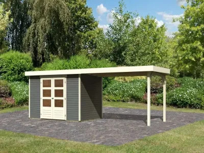 Gartenhaus SET Askola 4 19 mm terragrau, inkl. 2,8 m Anbaudach Produktbild #1