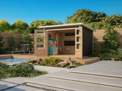 Gartenhaus Schwandorf 5 19 mm terragrau inkl. 2,4 m Anbaudach Produktbild #6