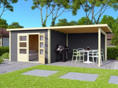 Gartenhaus Wacken 6 28 mm terragrau, inkl. 3 m Anbau + Rückwand Produktbild #2