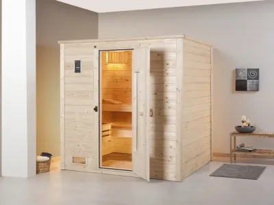 Sauna Massivholzsauna Bergen 1.8 HT isolierte Holztür mit Glasausschnitt Produktbild #1