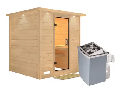 Sauna Massivholzsauna Mojave mit Dachkranz, Klarglas Ganzglastür + 9 kW Saunaofen mit Steuerung Produktbild #2