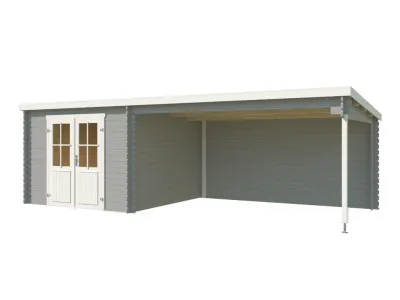 Gartenhaus Blockbohlenhaus St. Louis Exklusiv 28 mm lichtgrau mit 4 m Anbau Produktbild #2