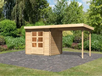 Gartenhaus Blockbohlenhaus SET Bastrup 3 28 mm naturbelassen, inkl. 3 m Anbaudach Produktbild #1