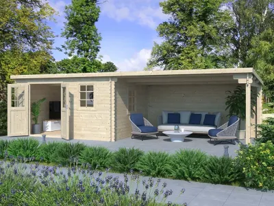 Gartenhaus Blockbohlenhaus CA2988 28 mm naturbelassen mit 4 m Anbau Produktbild #1