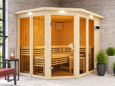 Sauna Ainur mit bronzierter Glastür und Dachkranz + 9 kW Bio-Kombiofen mit ext. Strg. Produktbild #1
