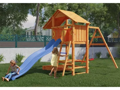 Spielturm Smart 1 teakfarben inkl. Rutsche blau Produktbild #2