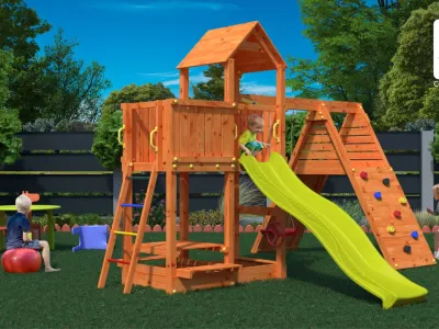 Spielturm Fluppi teakfarben inkl. Einzelschaukel + Rutsche Produktbild #2