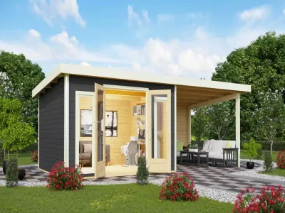 Gartenhaus SET Radeburg 2 40 mm terragrau inkl. 3,3 m Anbaudach + Rückwand Produktbild #1