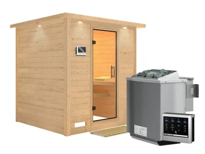 Sauna Massivholzsauna Mojave mit Dachkranz, Klarglas Ganzglastür + 9 kW Bio-Kombiofen mit ext. Strg Produktbild #3