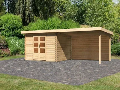 Gartenhaus Blockbohlenhaus SET Bastrup 7 28 mm naturbelassen, inkl. 4 m Anbaudach + Rückwand Produktbild #1