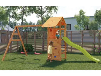 Spielturm Smart 5 teakfarben inkl. Rutsche gelb Produktbild #1