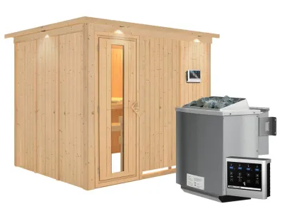 Systemsauna Gobin mit Dachkranz, Holztür mit Isolierglas, inkl. 9 kW Bio-Kombiofen ext. Steuerung Produktbild #2