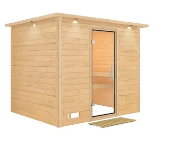 Massivholzsauna Sonara mit Dachkranz Klarglas Ganzglastür Produktbild #3