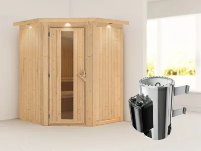 Sauna Systemsauna Nanja mit Dachkranz, Energiespartür + Plug & Play Saunaofen mit Steuerung Produktbild #1