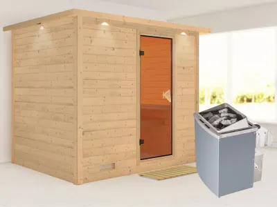 Massivholzsauna Sonara mit Dachkranz, bronzierte Ganzglastür, inkl. 9 kW Ofen integr. Steuerung Produktbild #1