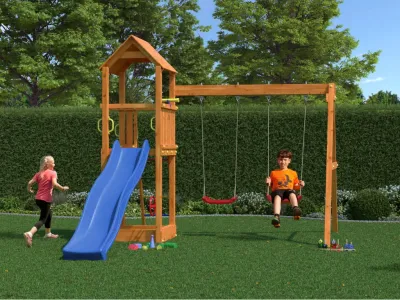 Spielturm Flappi teakfarben inkl. Doppelschaukel + Rutsche Produktbild #2