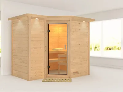 Sauna Massivholzsauna Sahib 2 mit Dachkranz, Klarglas Ganzglastür Produktbild #1