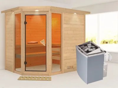 Sauna Massivholzsauna Sinai 3 mit Dachkranz, inkl. 9 kW Saunaofen integr. Steuerung Produktbild #1