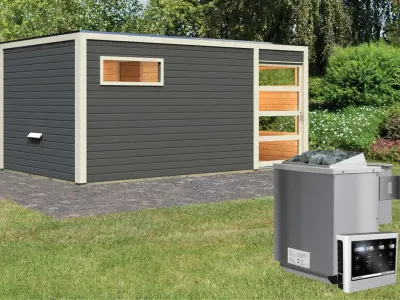 Saunahaus Hygge Grau mit Schiebetür & Vorraum, inkl. 9 kW Bio-Kombiofen mit externer Steuerung Produktbild #2
