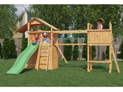 Spielturm Smart 7 Bridge teakfarben inkl. Rutsche grün Produktbild #2