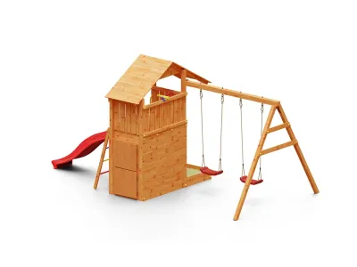 Spielturm Smart 7 teakfarben inkl. Rutsche rot Produktbild #4