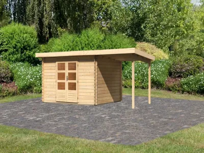 Gartenhaus Blockbohenhaus SET Bastrup 7 28 mm naturbelassen, inkl. 2,0 m Anbaudach Produktbild #1