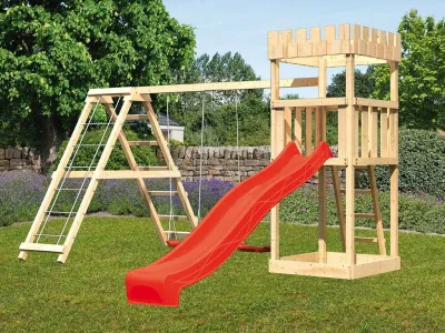 Spielturm SET Ritterburg Löwenherz naturbelassen inkl. Rutsche rot + Doppelschaukel + Klettergerüst Produktbild #1