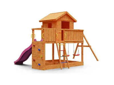 Spielturm Galaxy L inkl. Doppelschaukel teakfarben + Rutsche pink Produktbild #5