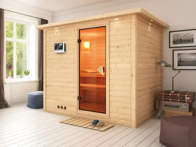 Massivholzsauna Sonara mit Dachkranz, bronzierte Ganzglastür, inkl. 9 kW Bio-Ofen ext. Steuerung Produktbild #1