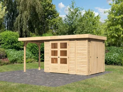 Gartenhaus SET Retola 4 19 mm naturbelassen, inkl. 2,4 m Anbaudach + Anbauschrank Produktbild #1