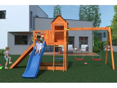 Spielturm Treehouse teakfarben inkl. Doppelschaukel + Rutsche Produktbild #3