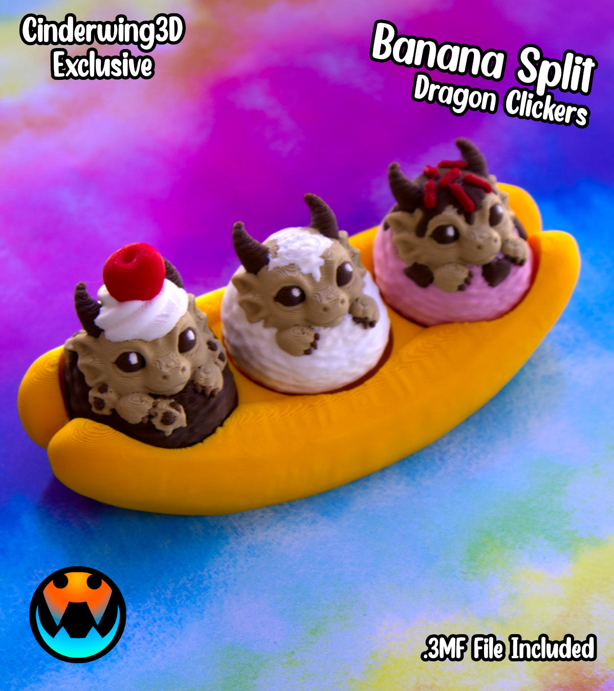 Banana Split Dragon Clicker, 3D printed in Wentzville MO