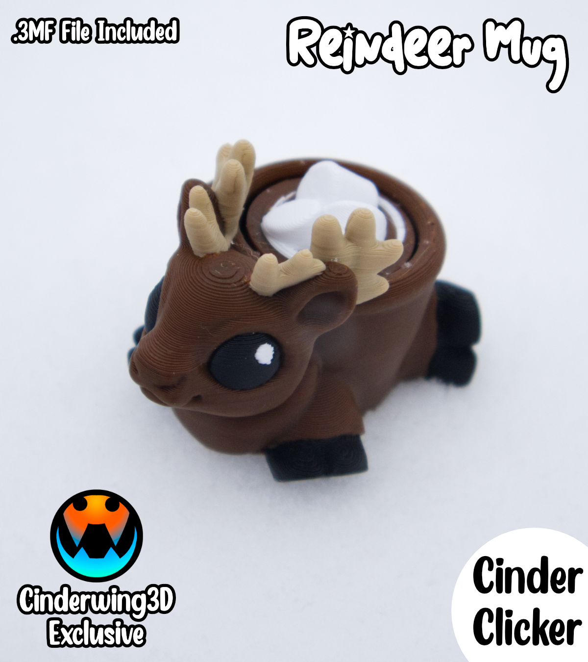 Reindeer Hot Cocoa Clicker, 3D printed in Wentzville MO