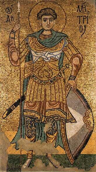 12th-century mosaic of St. Demetrius of Salonica, formerly in the Golden-Roofed Monastery of Kyiv, now in the Tretyakov Gallery of Moscow.