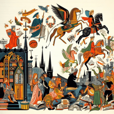 An image showing medievally-dressed figures plus fantastic beaasts taking flight from a medieval city. Modern people can write alliterative verse, too!