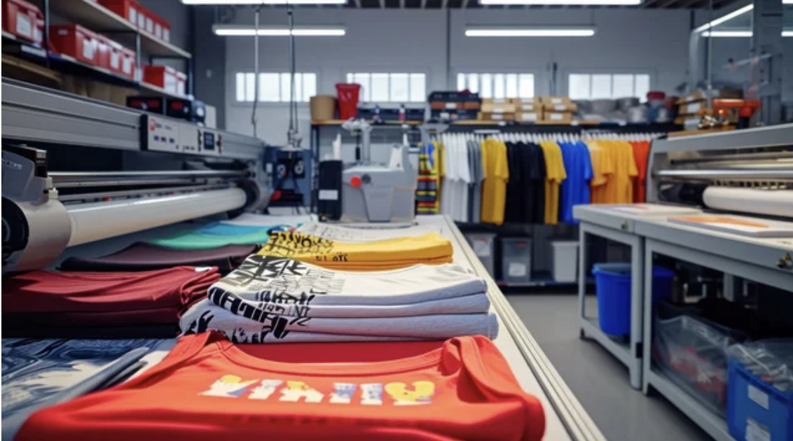 A factory interior filled with t-shirts and various clothing items