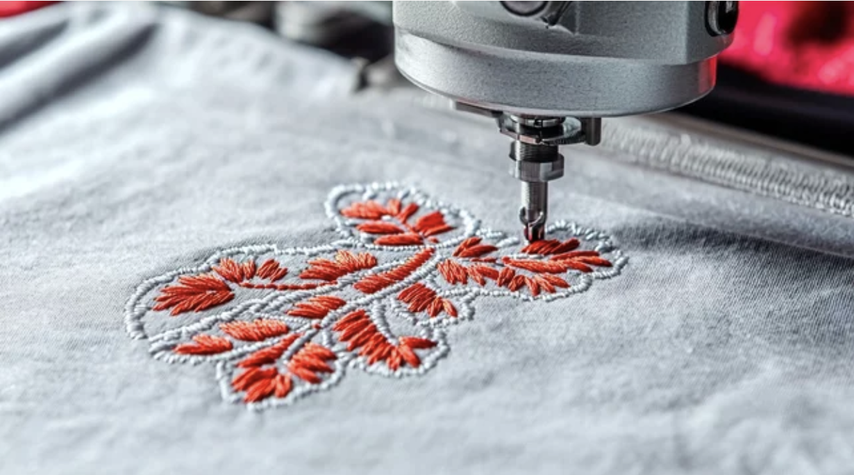 A sewing machine is stitching a red flower design onto a shirt.