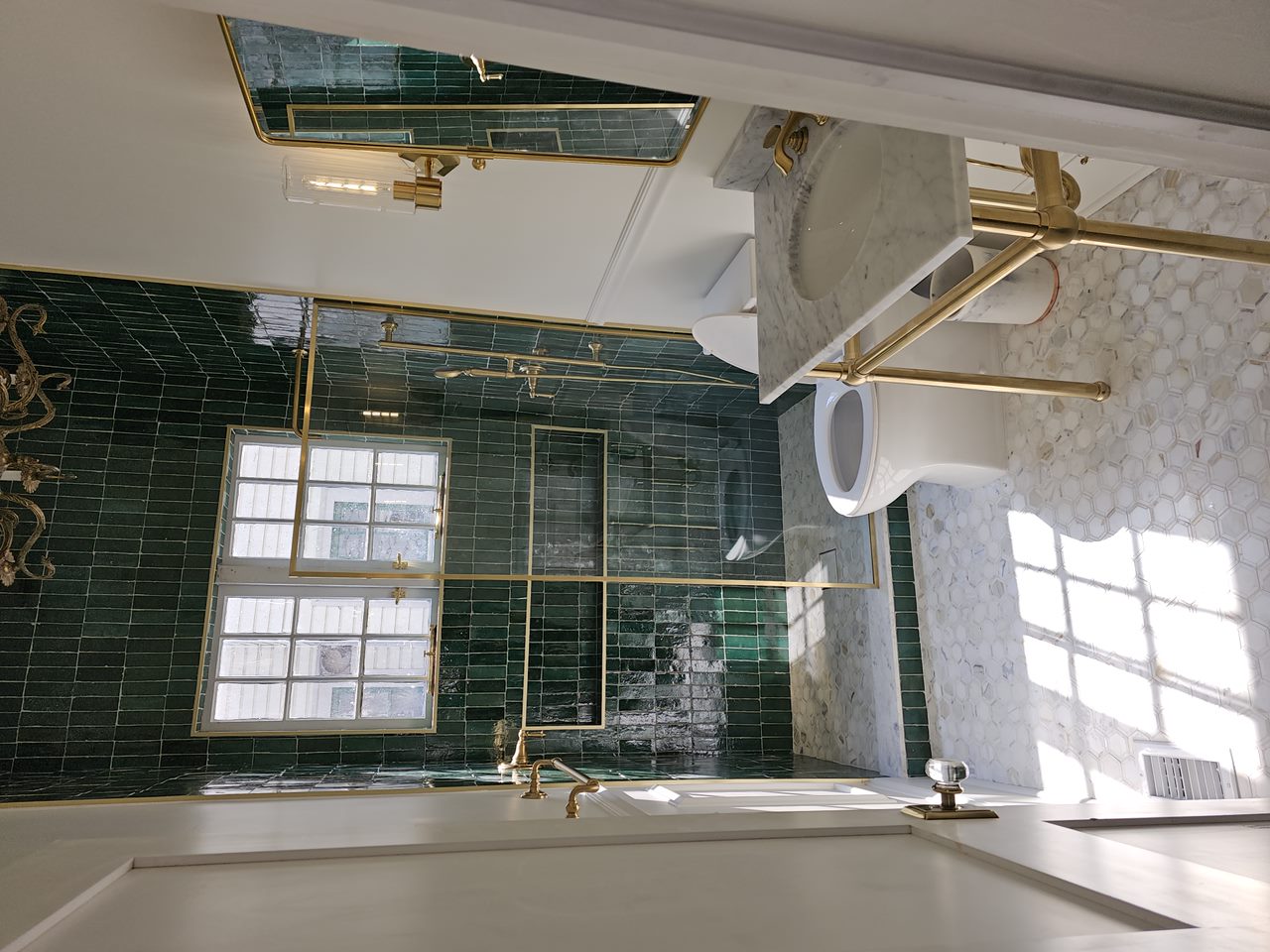 Guest Bathroom With Walkin Shower Skirted Toilet And Polished Brass Hardware And Faucets