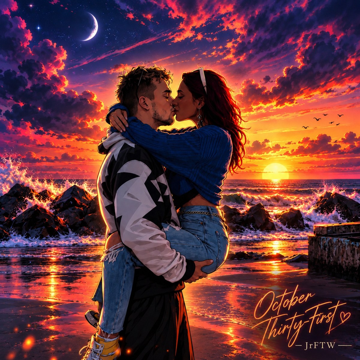 October Thirty-First official cover: an illustrated couple embracing at the ocean under a vivid sunset