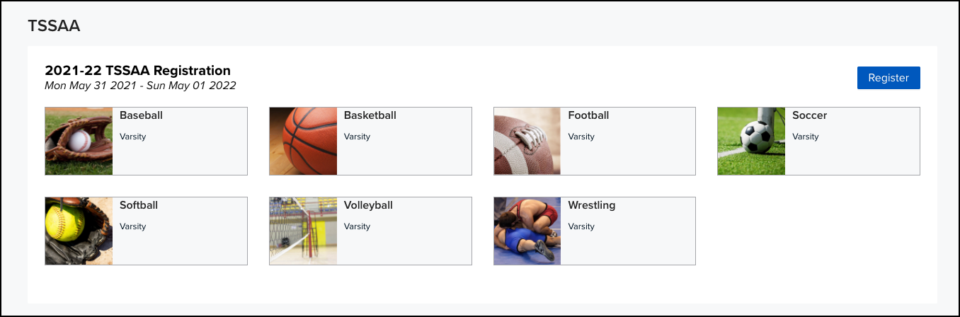 TSSAA registration screen showing the Register button