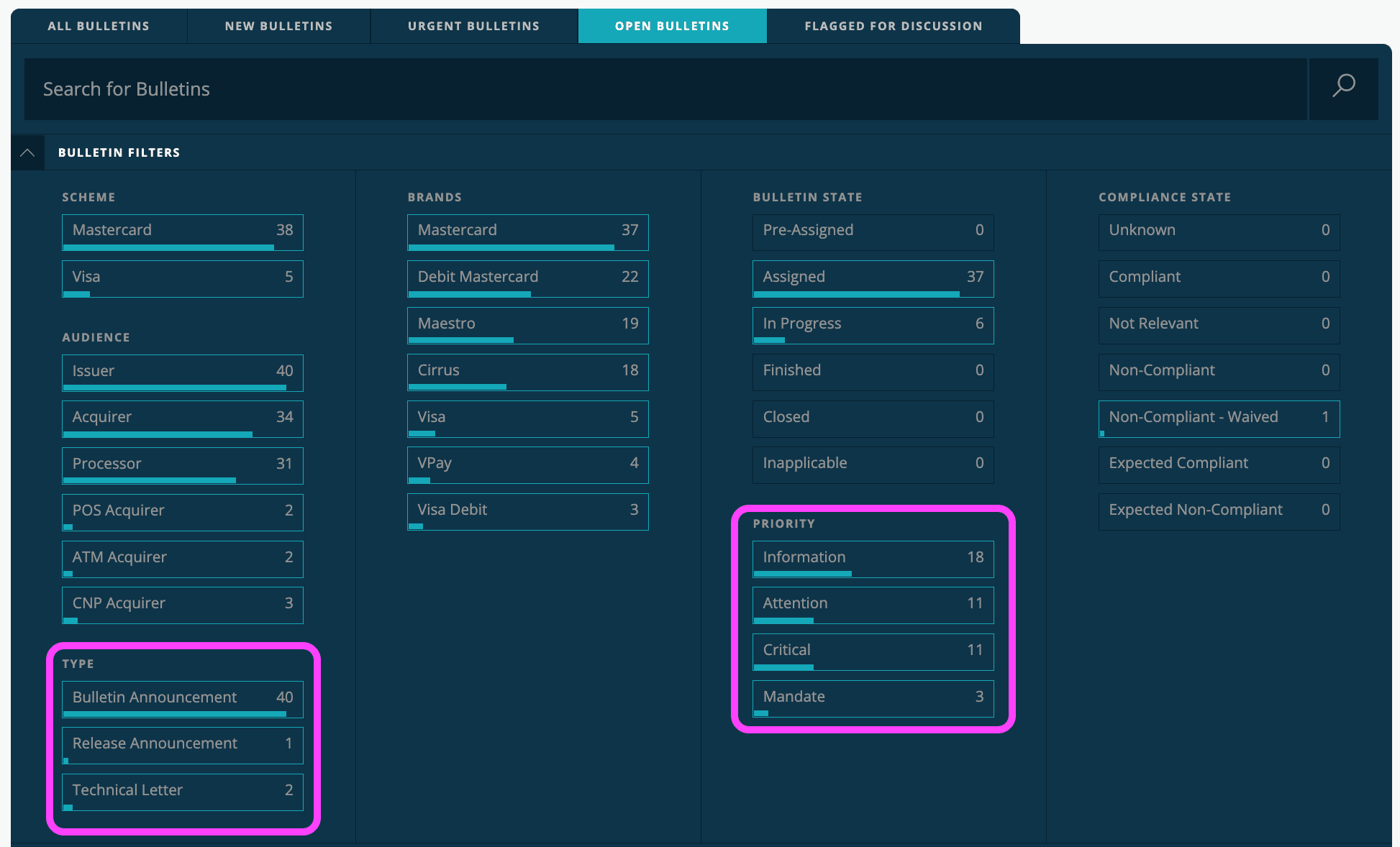 New filters for the bulletins list