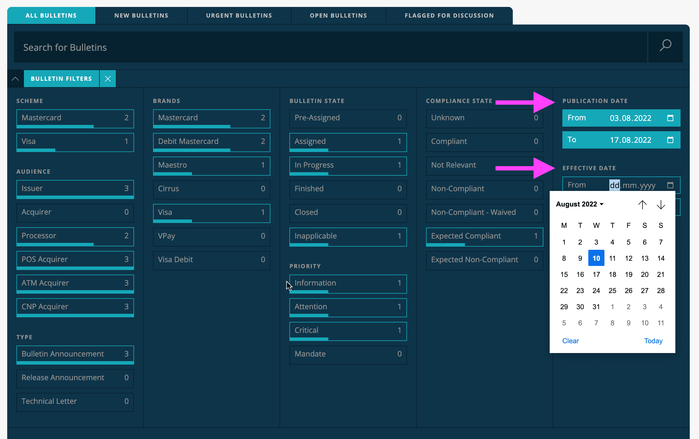 Filter for the bulletin publication or effective date