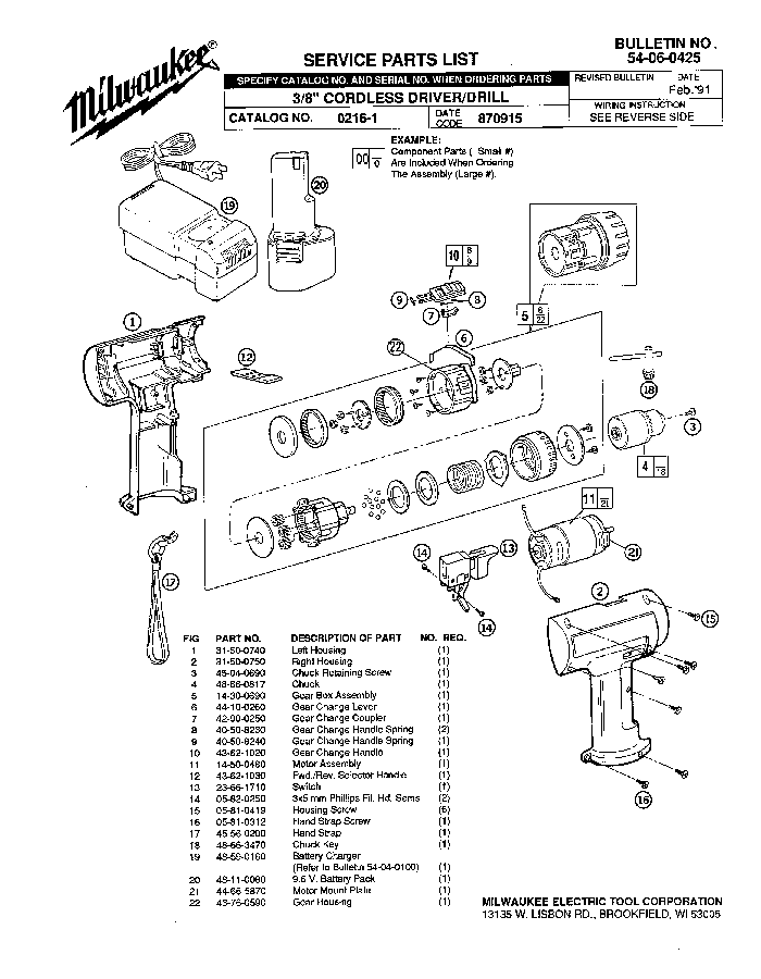 Milwaukee 0216-1 870915 Parts - Cordless Drill