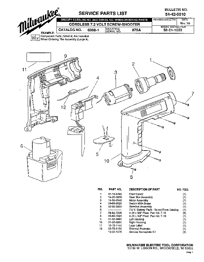 Milwaukee 0388-1 875a Parts - Cordless 7.2V Screw-Shooter