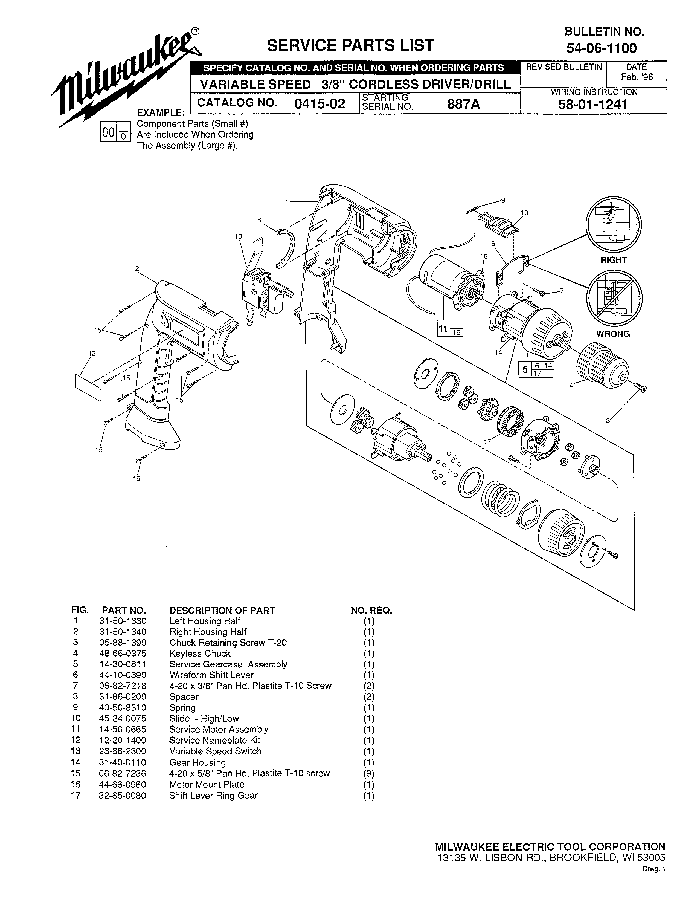 Milwaukee 0415-02 887a Parts - Cordless Drill