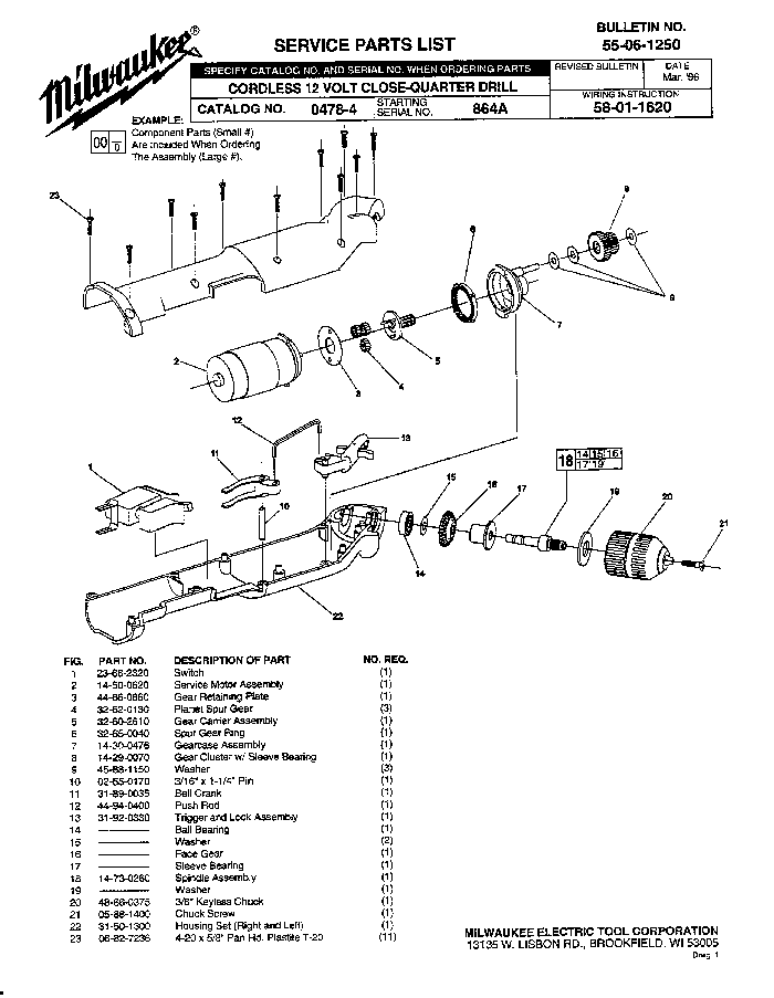 Milwaukee 0478-4 864a Parts - Cordless Drill