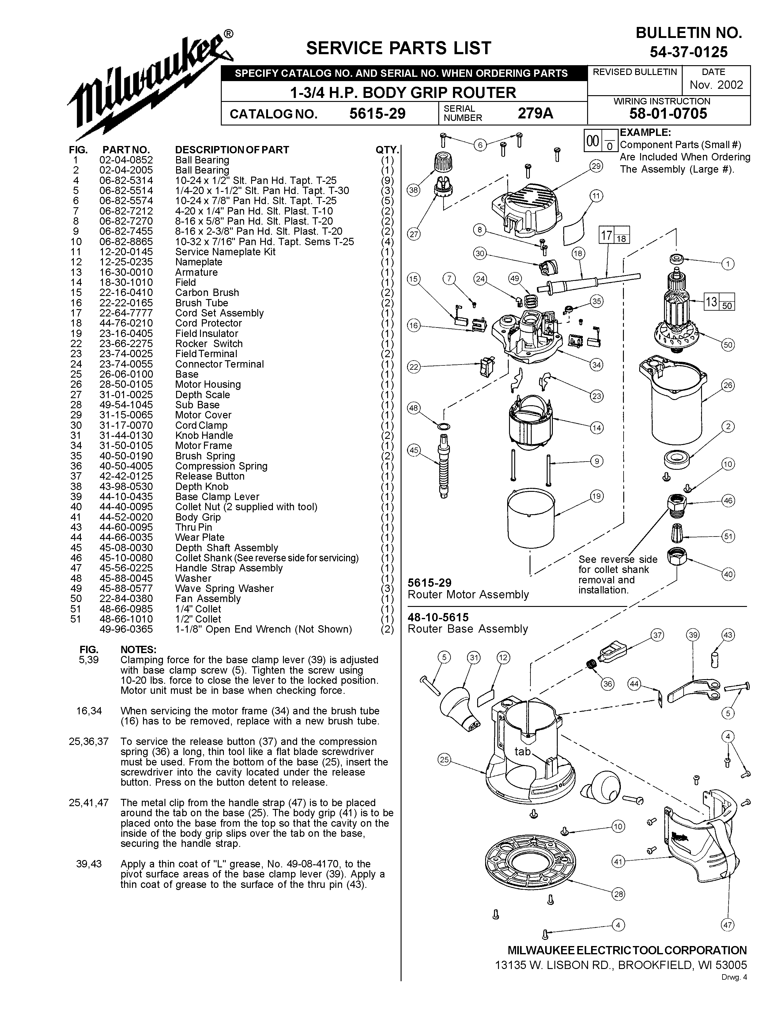 Milwaukee 5615-29 279a Parts - ?1-3/4 H.P. BODY GRIP ROUTER