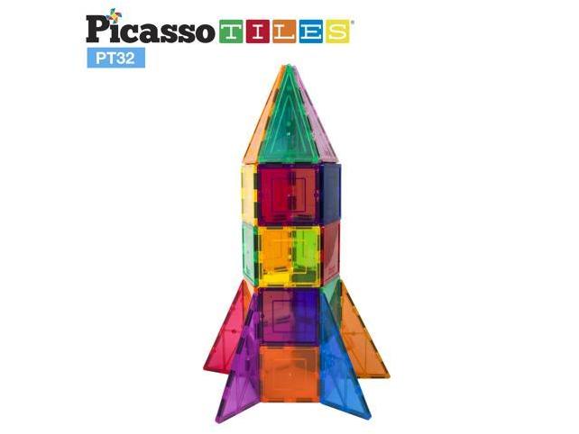 PicassoTiles 32 Piece Magnetic Building Block Rocket Booster Theme Set Magnet Construction Toy Educational Kit Engineering STEM Learning Playset Child Brain Development Stacking Blocks Playboard PT32
