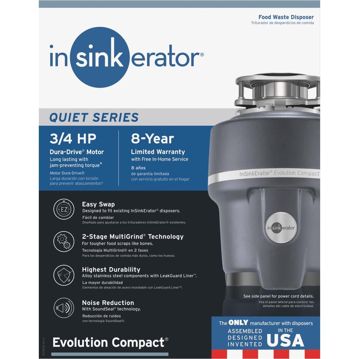 Insinkerator Evolution Compact 3/4 HP Garbage Disposer, Year Warranty  Elitsac, Inc.